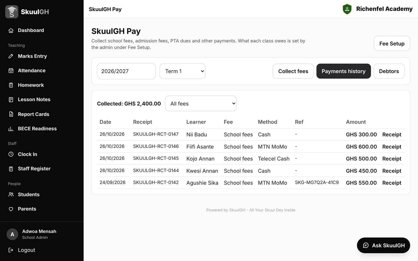 Fee payments and a parent paying by MoMo
